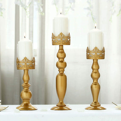 Set of 3 Lace Hurricane Candle Holders Antique Gold with Glass Shades - Chic Pillar Candle Stands 12", 14", 17" - Linen Luxes