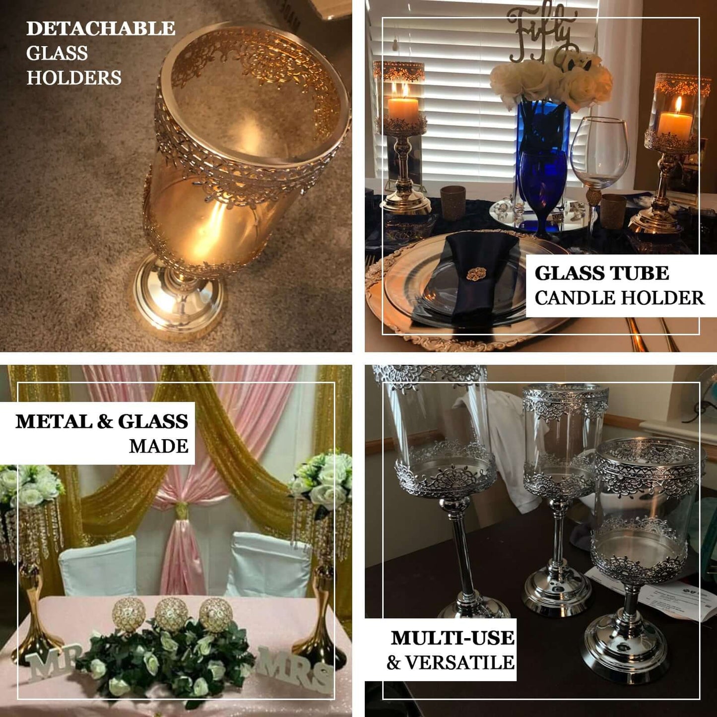 Set of 3 Lace Votive Candle Stands Antique Gold with Hurricane Glass Shades - Refined Pillar Candle Holders 13", 15", 17" - Linen Luxes