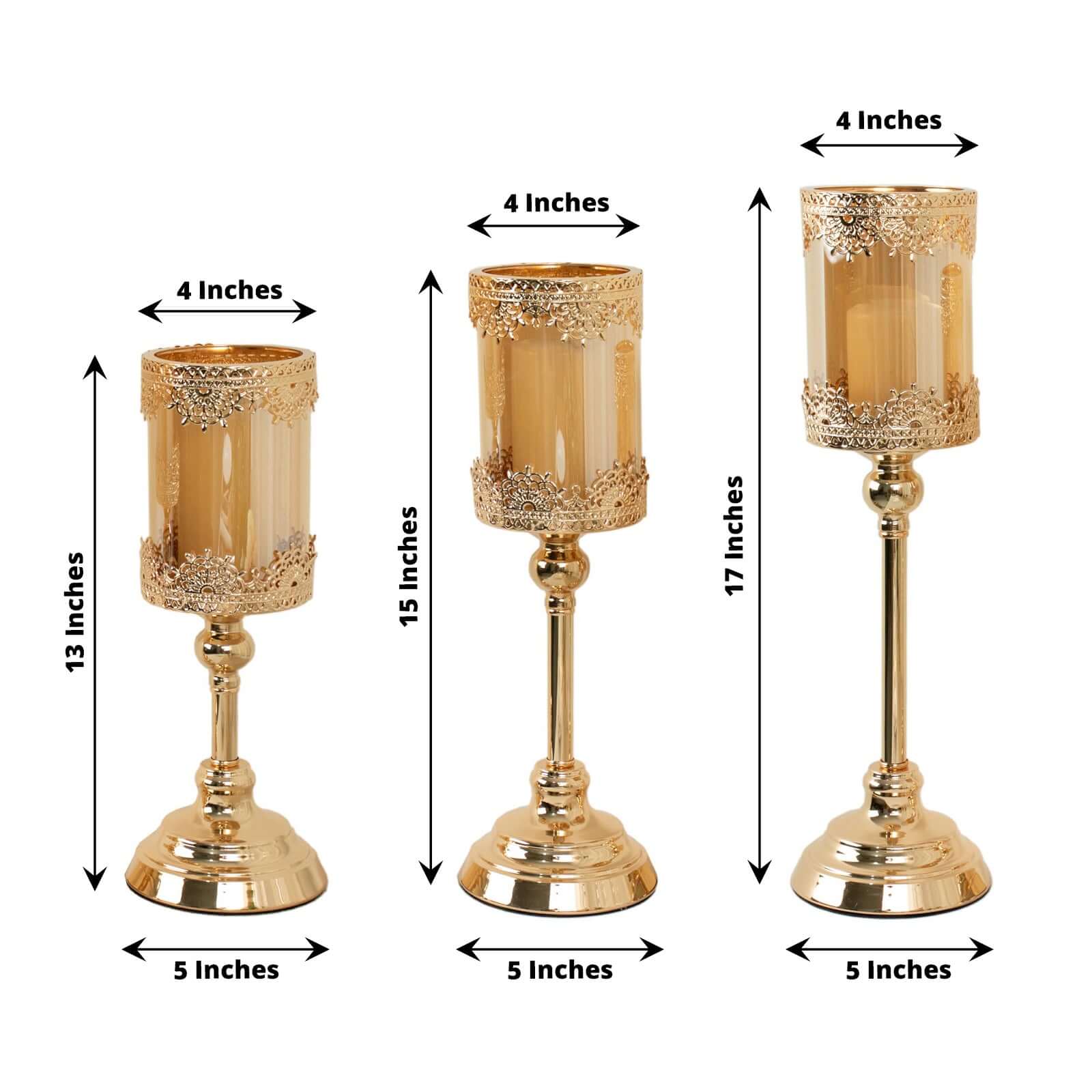 Set of 3 Lace Votive Candle Stands Antique Gold with Hurricane Glass Shades - Refined Pillar Candle Holders 13", 15", 17" - Linen Luxes