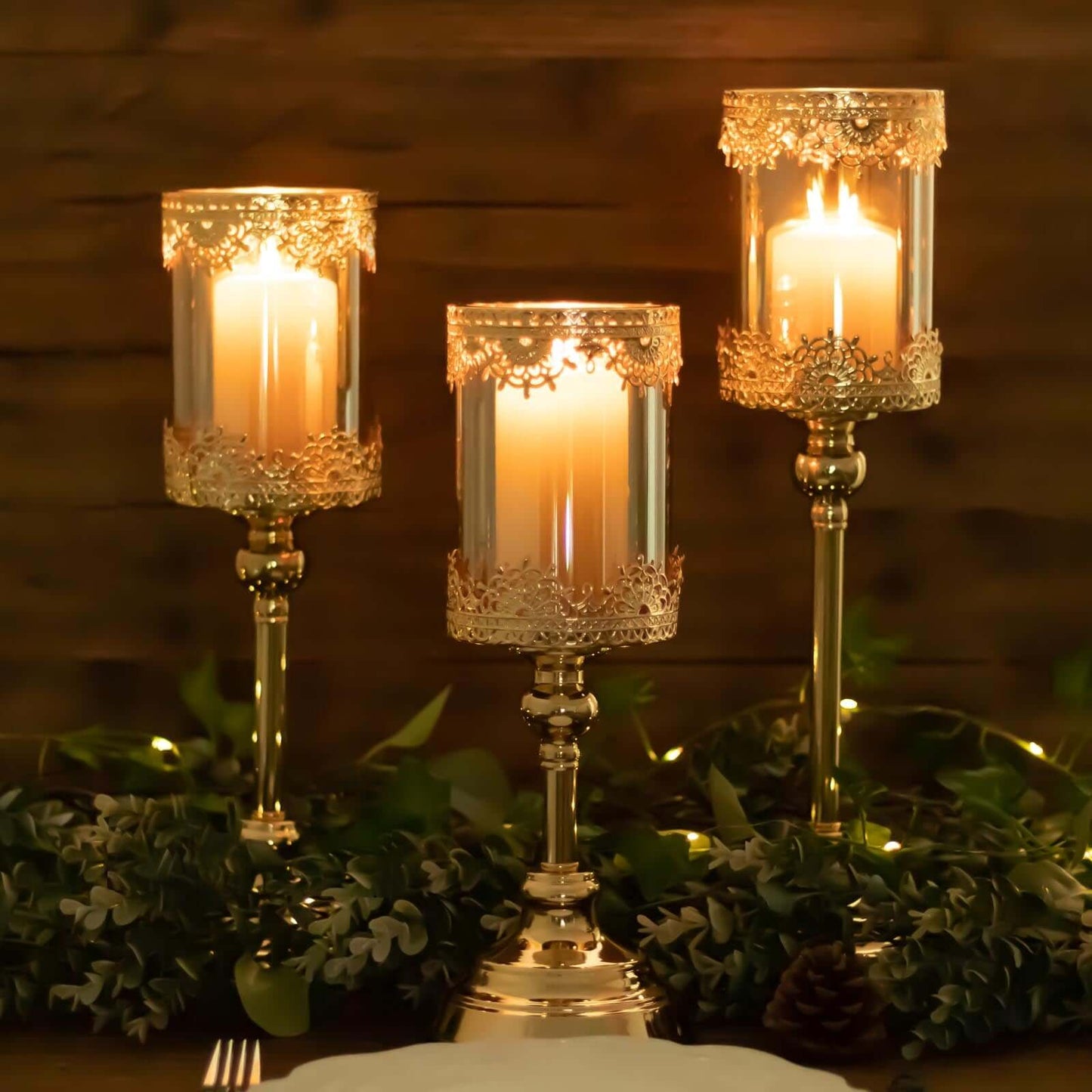 Set of 3 Lace Votive Candle Stands Antique Gold with Hurricane Glass Shades - Refined Pillar Candle Holders 13", 15", 17" - Linen Luxes