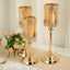 Set of 3 Lace Votive Candle Stands Antique Gold with Hurricane Glass Shades - Refined Pillar Candle Holders 13", 15", 17" - Linen Luxes