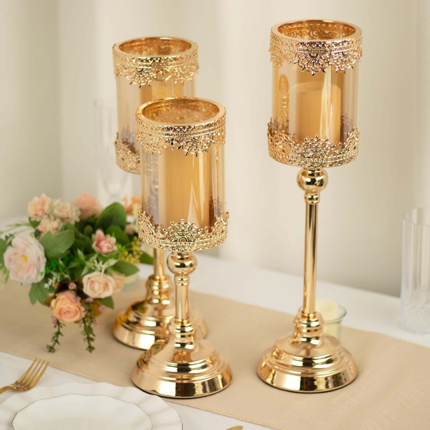 Set of 3 Lace Votive Candle Stands Antique Gold with Hurricane Glass Shades - Refined Pillar Candle Holders 13", 15", 17" - Linen Luxes
