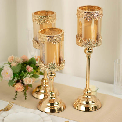 Set of 3 Lace Votive Candle Stands Antique Gold with Hurricane Glass Shades - Refined Pillar Candle Holders 13", 15", 17" - Linen Luxes