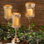 Set of 3 Lace Votive Candle Stands Antique Gold with Hurricane Glass Shades - Refined Pillar Candle Holders 13", 15", 17" - Linen Luxes