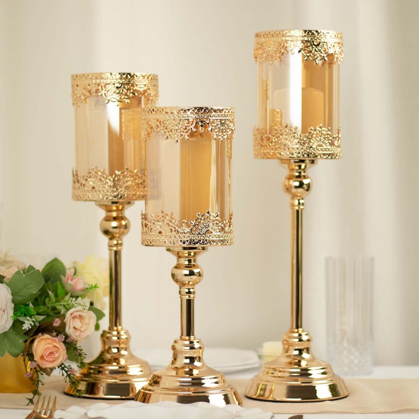 Set of 3 Lace Votive Candle Stands Antique Gold with Hurricane Glass Shades - Refined Pillar Candle Holders 13", 15", 17" - Linen Luxes