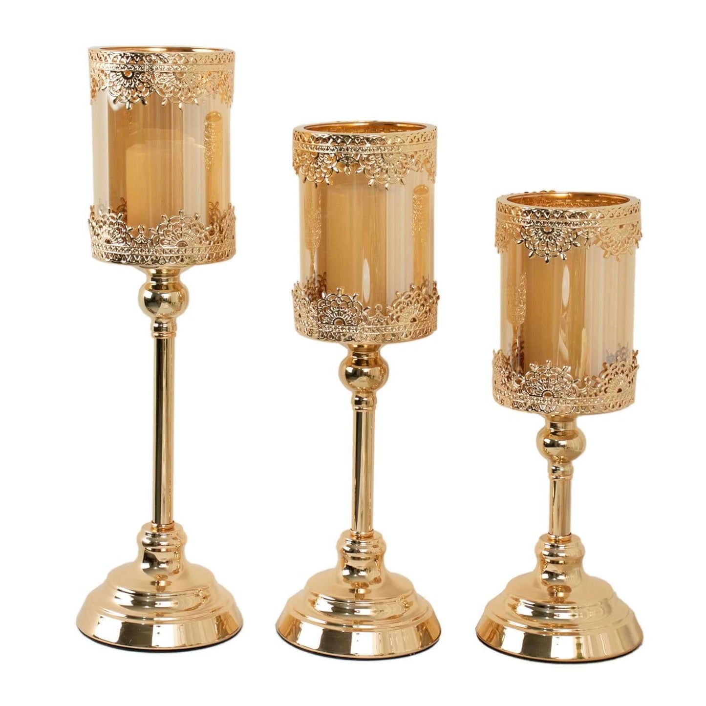 Set of 3 Lace Votive Candle Stands Antique Gold with Hurricane Glass Shades - Refined Pillar Candle Holders 13", 15", 17" - Linen Luxes