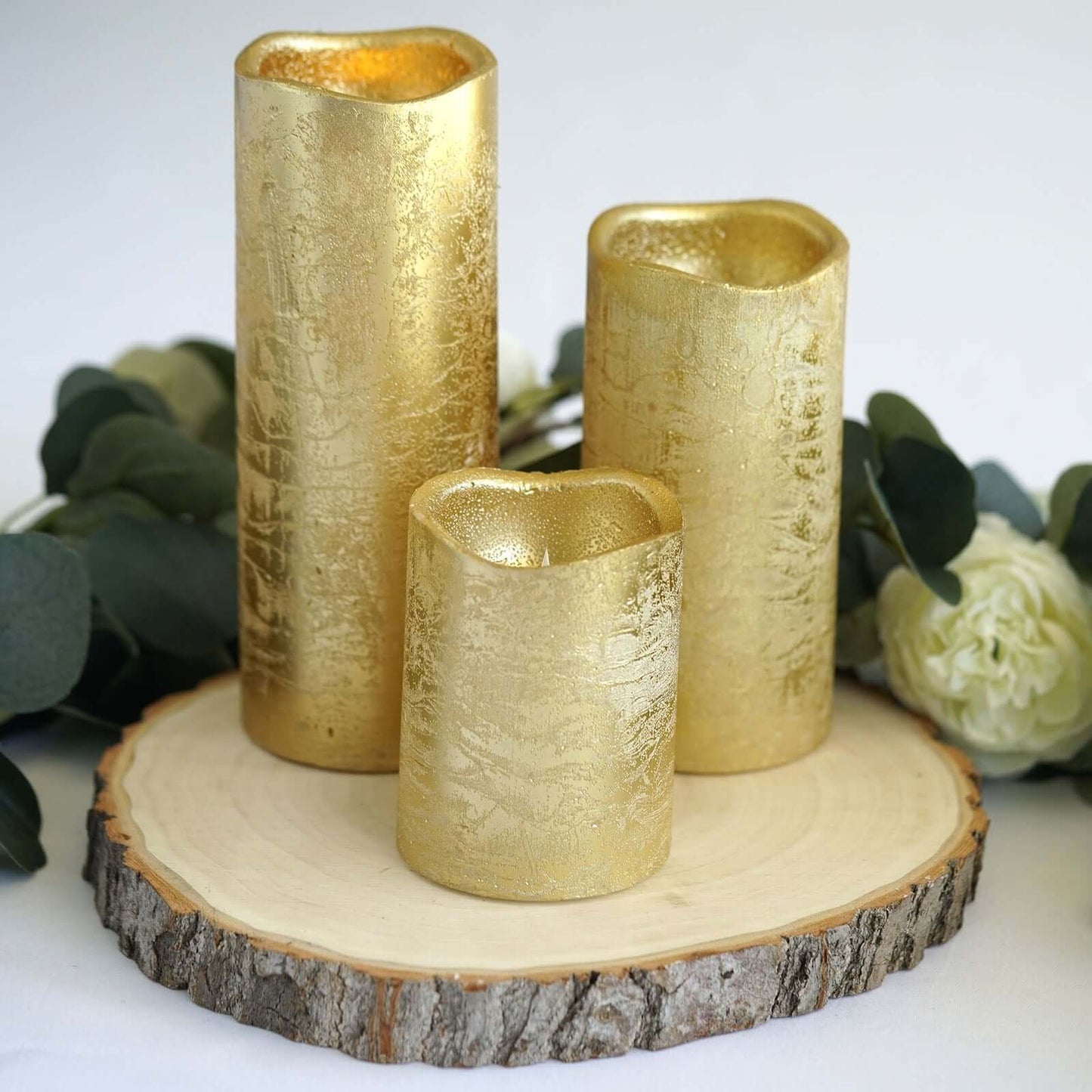 Set of 3 LED Flameless Pillar Candles Remote Operated Metallic Gold - Battery Powered 4", 6", 8" - Linen Luxes