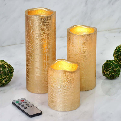 Set of 3 LED Flameless Pillar Candles Remote Operated Metallic Gold - Battery Powered 4", 6", 8" - Linen Luxes