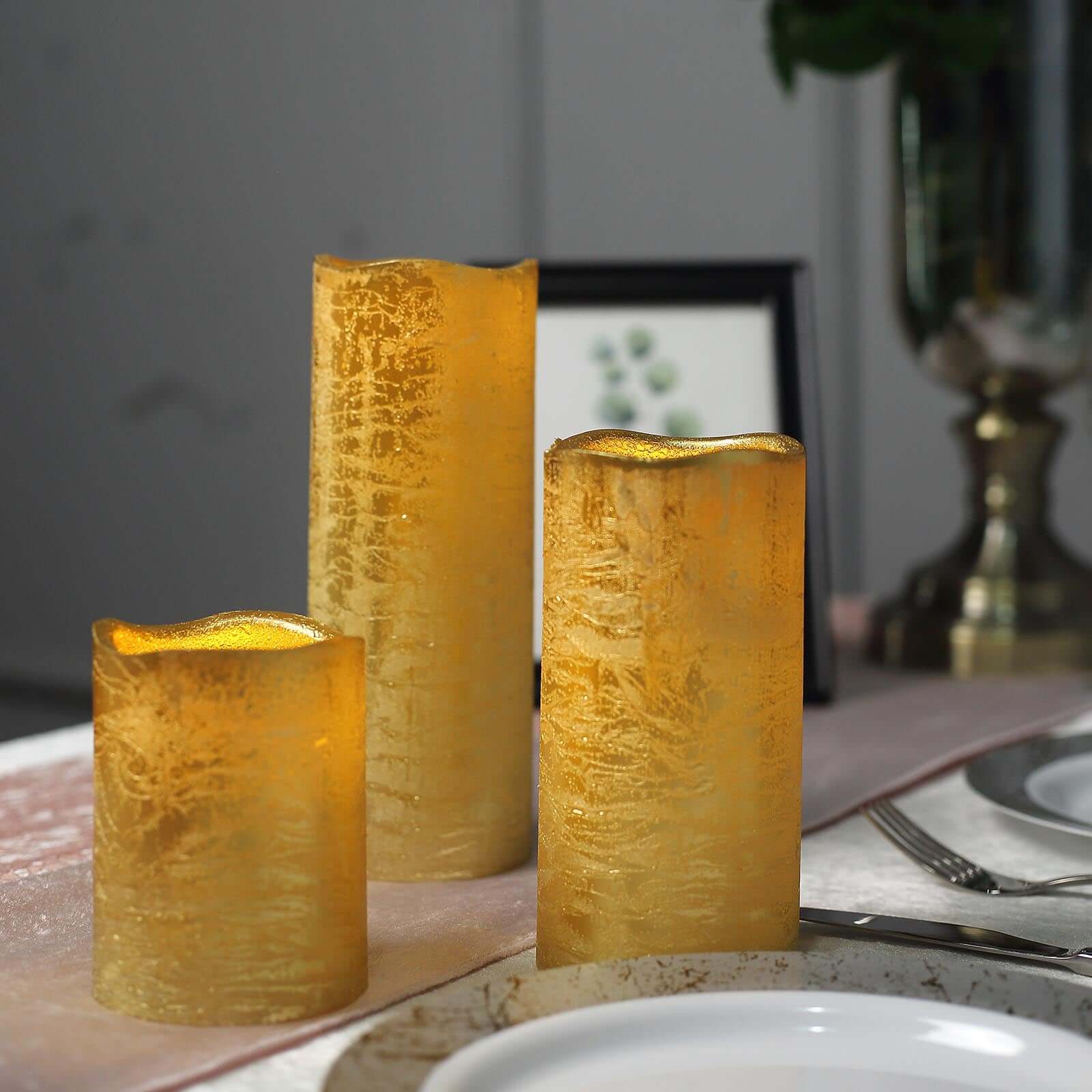 Set of 3 LED Flameless Pillar Candles Remote Operated Metallic Gold - Battery Powered 4", 6", 8" - Linen Luxes