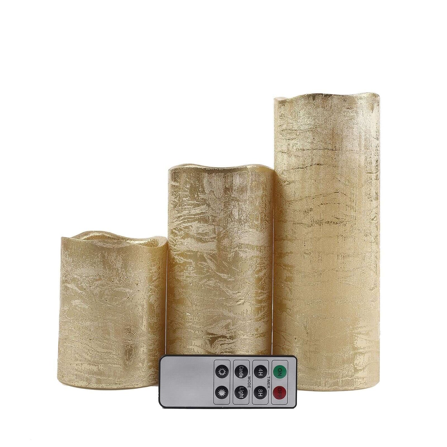 Set of 3 LED Flameless Pillar Candles Remote Operated Metallic Gold - Battery Powered 4", 6", 8" - Linen Luxes