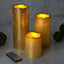Set of 3 LED Flameless Pillar Candles Remote Operated Metallic Gold - Battery Powered 4", 6", 8" - Linen Luxes