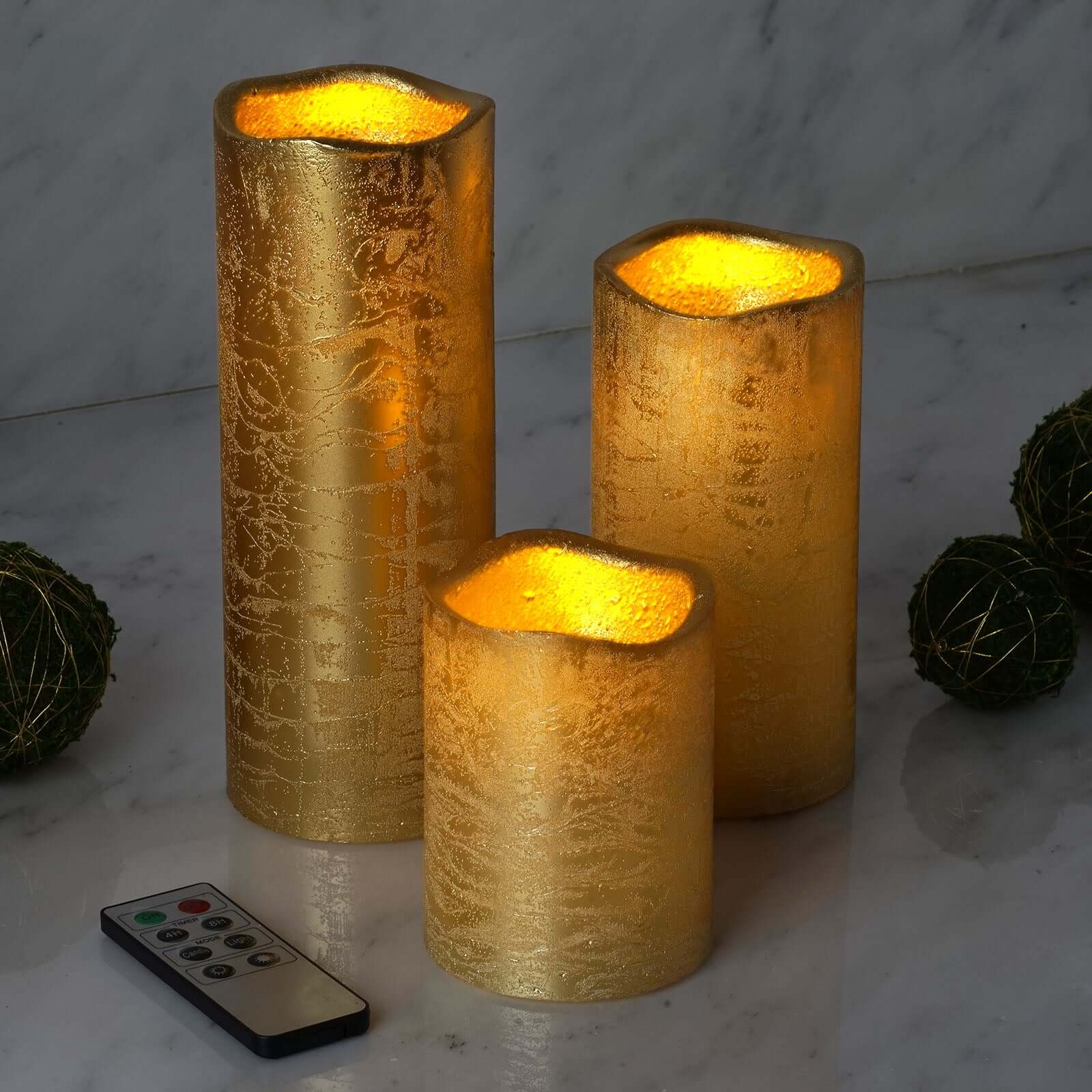 Set of 3 LED Flameless Pillar Candles Remote Operated Metallic Gold - Battery Powered 4", 6", 8" - Linen Luxes