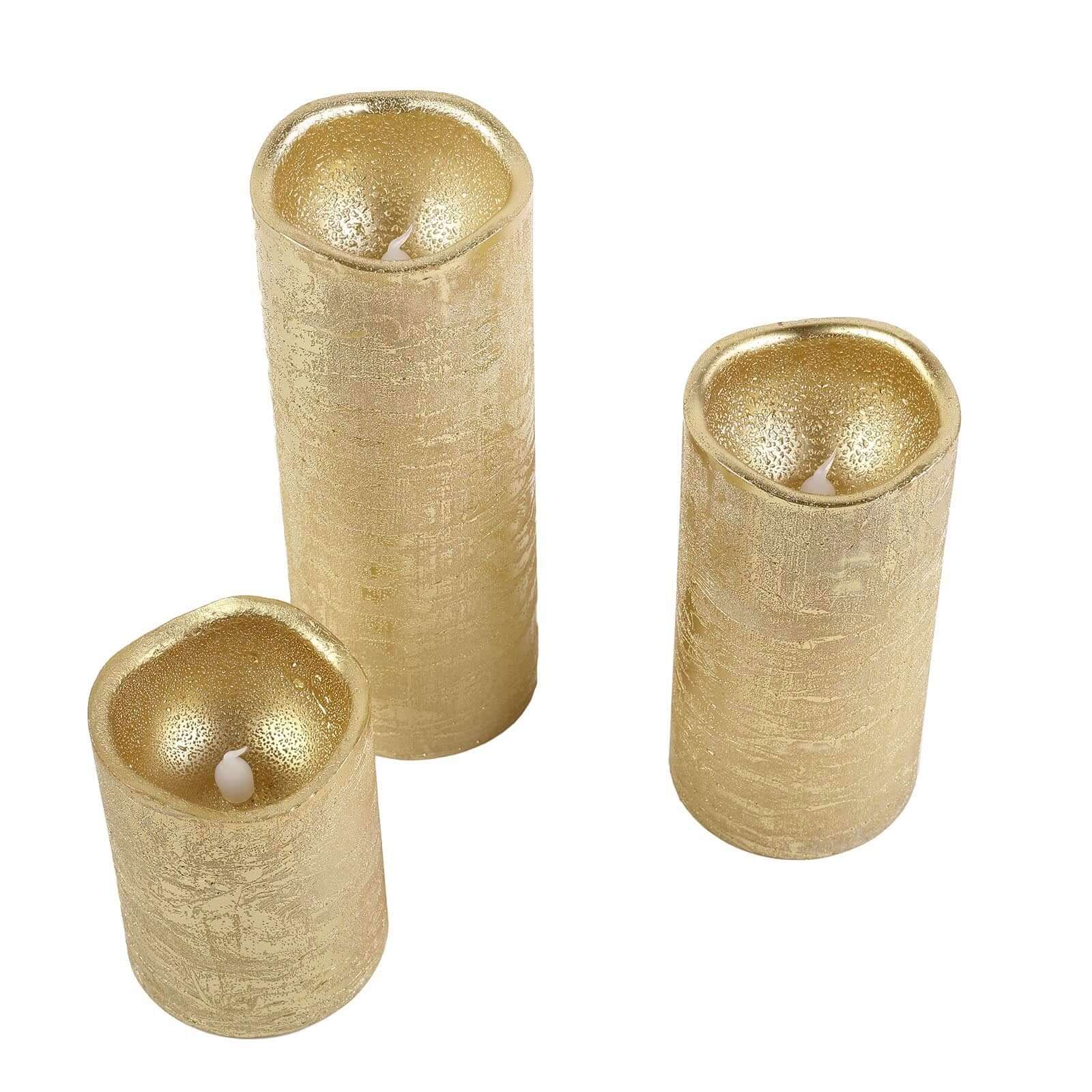 Set of 3 LED Flameless Pillar Candles Remote Operated Metallic Gold - Battery Powered 4", 6", 8" - Linen Luxes