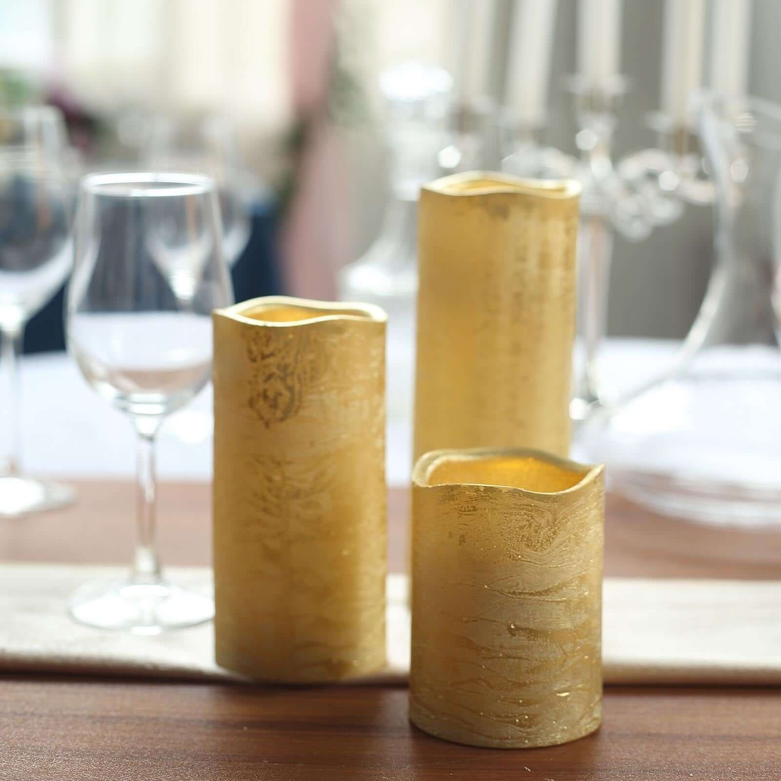Set of 3 LED Flameless Pillar Candles Remote Operated Metallic Gold - Battery Powered 4", 6", 8" - Linen Luxes
