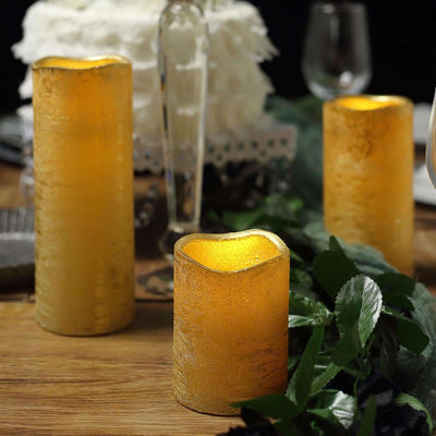 Set of 3 LED Flameless Pillar Candles Remote Operated Metallic Gold - Battery Powered 4", 6", 8" - Linen Luxes