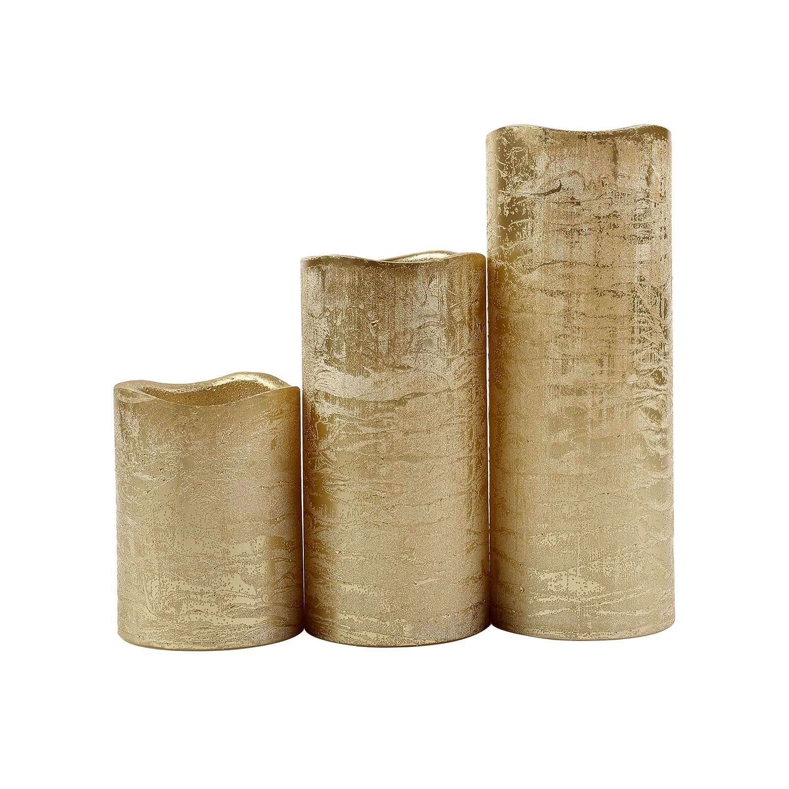 Set of 3 LED Flameless Pillar Candles Remote Operated Metallic Gold - Battery Powered 4", 6", 8" - Linen Luxes