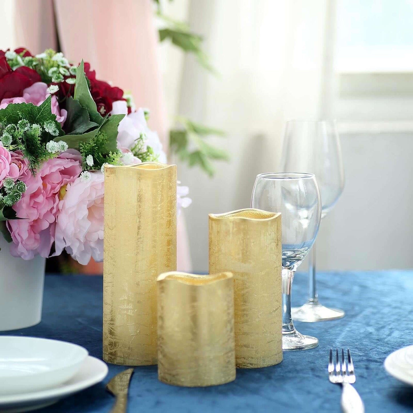 Set of 3 LED Flameless Pillar Candles Remote Operated Metallic Gold - Battery Powered 4", 6", 8" - Linen Luxes