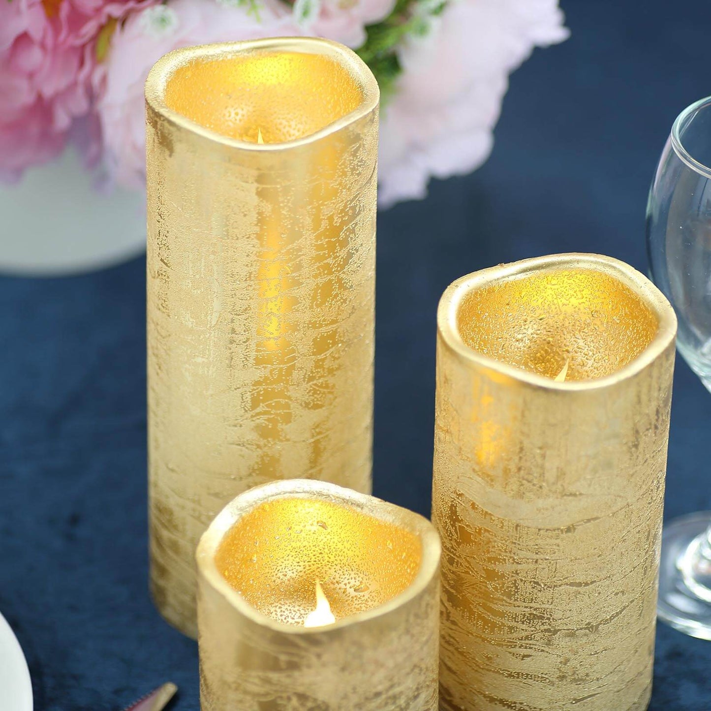 Set of 3 LED Flameless Pillar Candles Remote Operated Metallic Gold - Battery Powered 4", 6", 8" - Linen Luxes