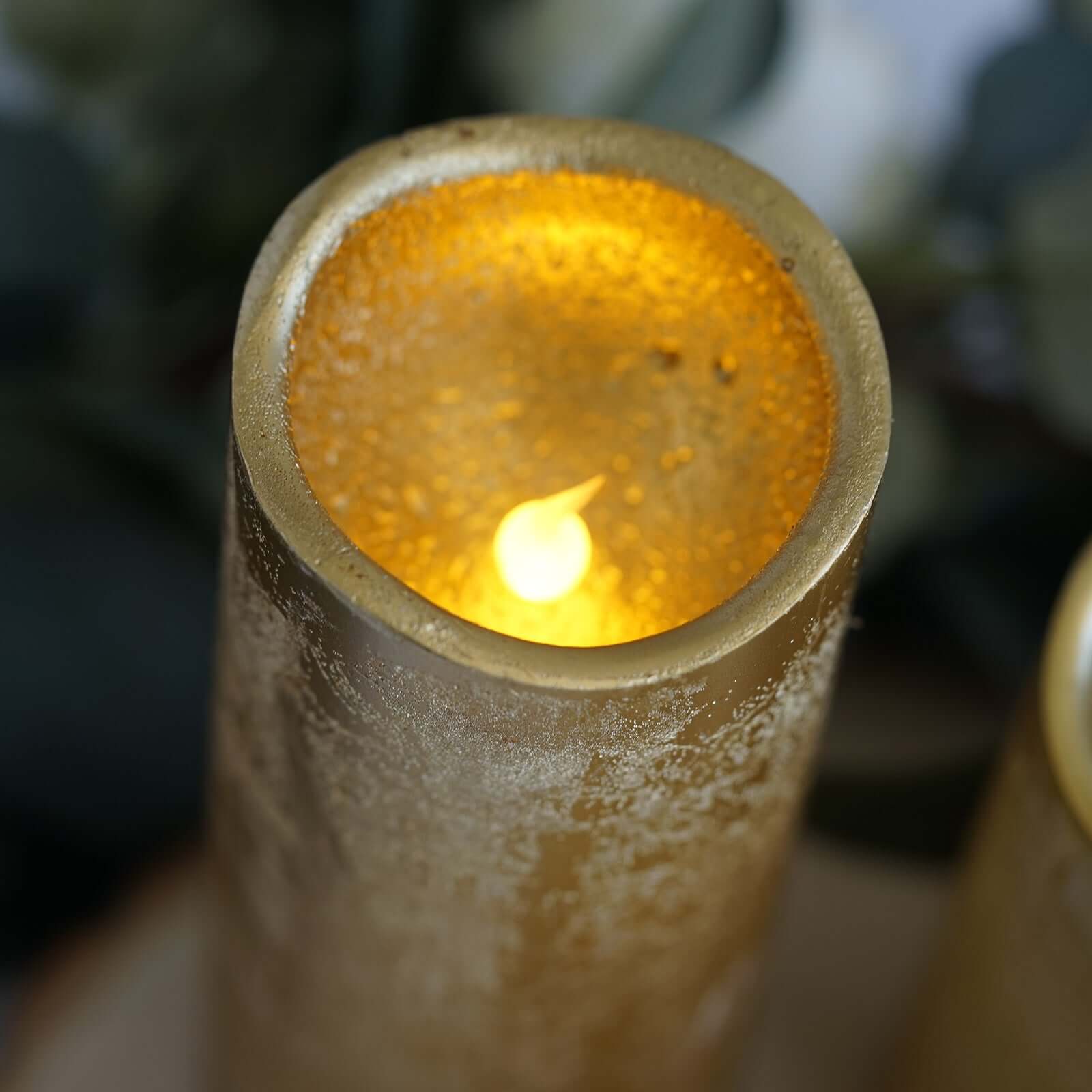 Set of 3 LED Flameless Pillar Candles Remote Operated Metallic Gold - Battery Powered 4", 6", 8" - Linen Luxes