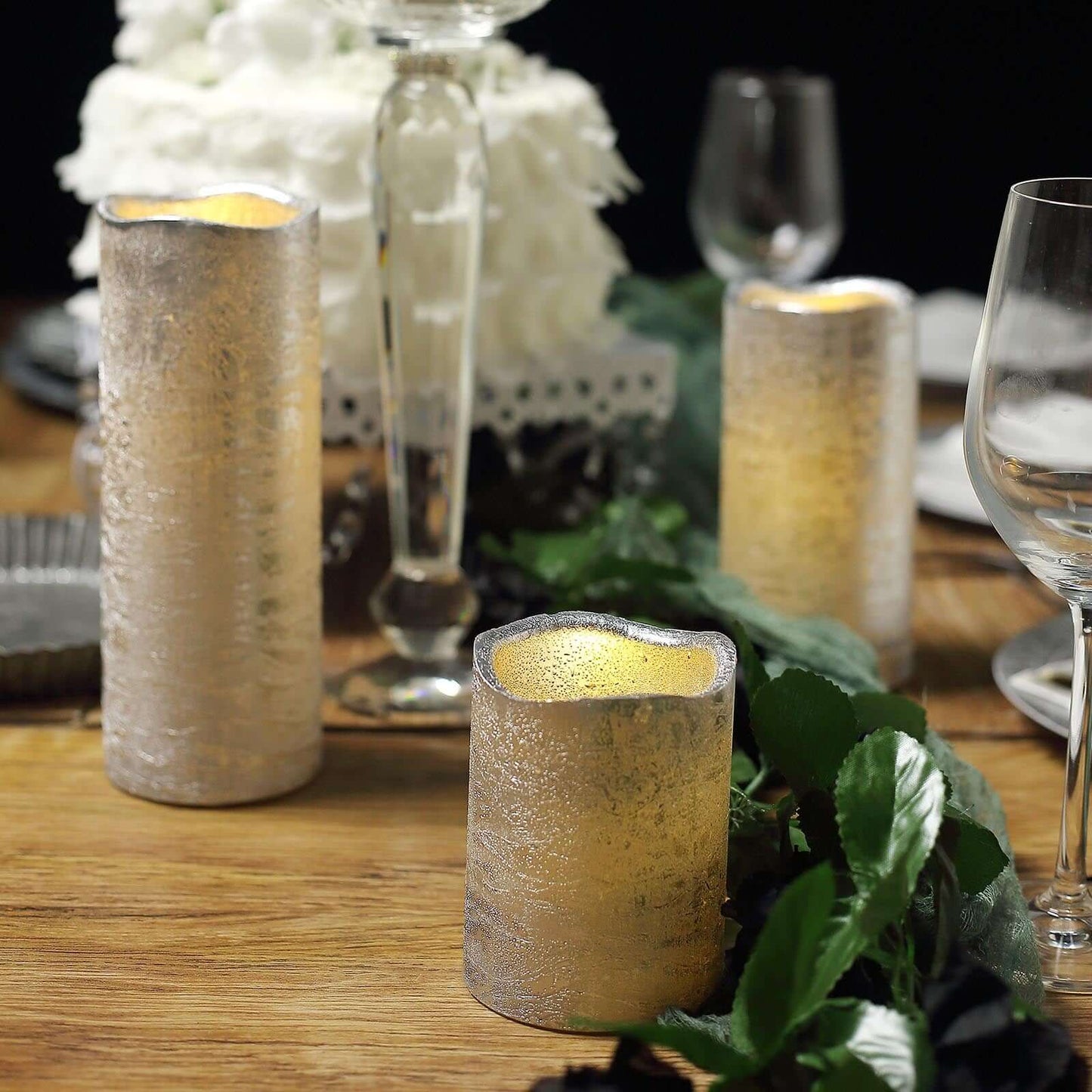 Set of 3 LED Flameless Pillar Candles Remote Operated Metallic Silver - Battery Powered 4", 6", 8" - Linen Luxes