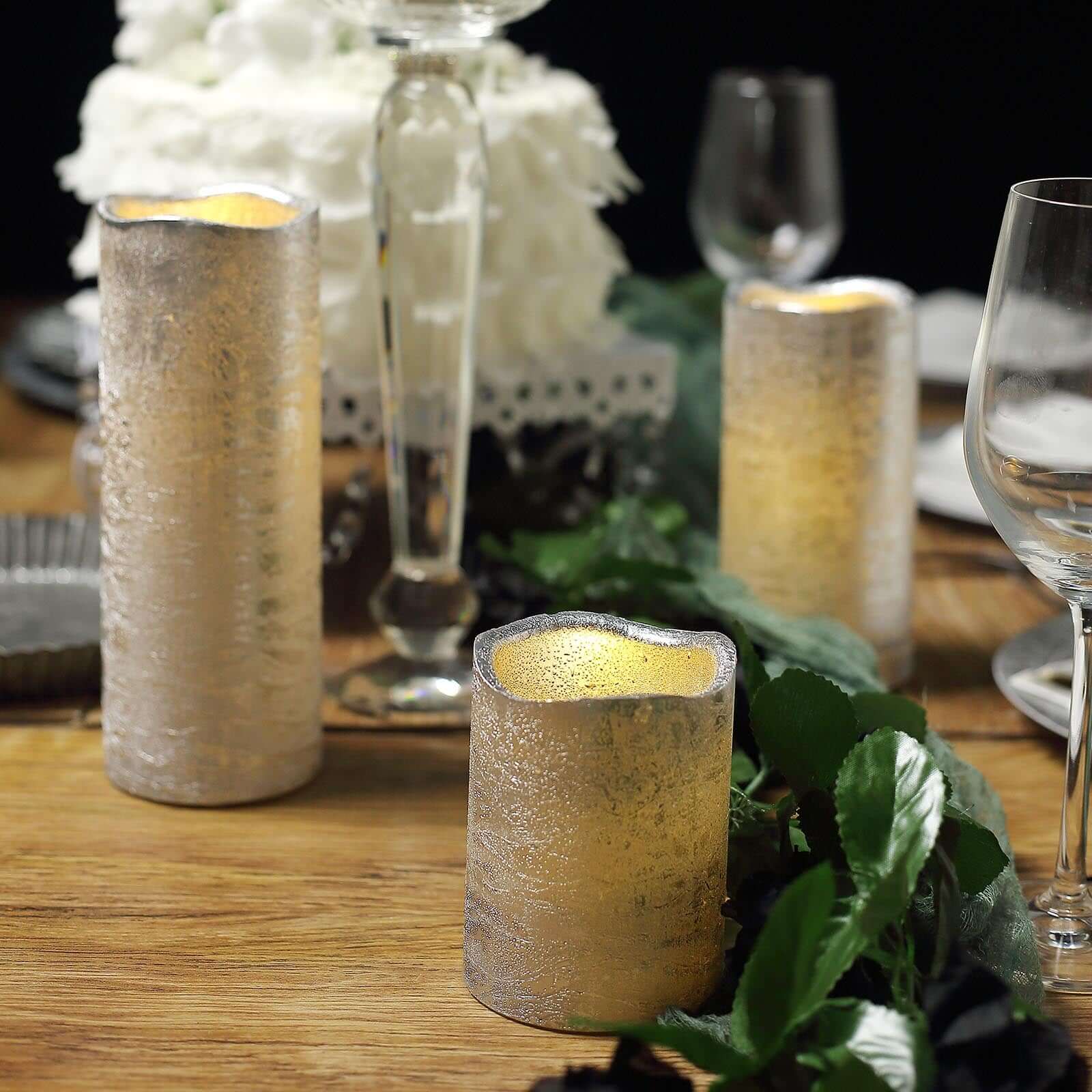 Set of 3 LED Flameless Pillar Candles Remote Operated Metallic Silver - Battery Powered 4", 6", 8" - Linen Luxes