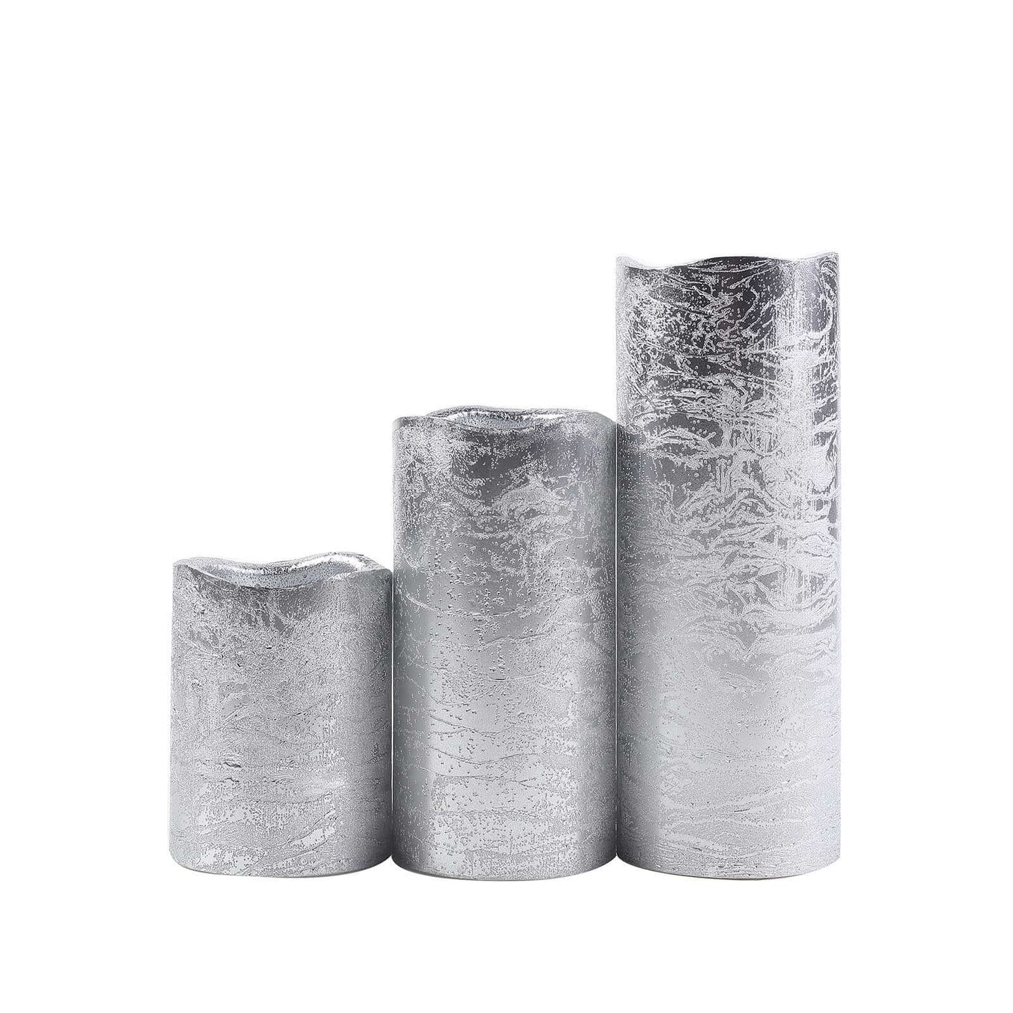 Set of 3 LED Flameless Pillar Candles Remote Operated Metallic Silver - Battery Powered 4", 6", 8" - Linen Luxes