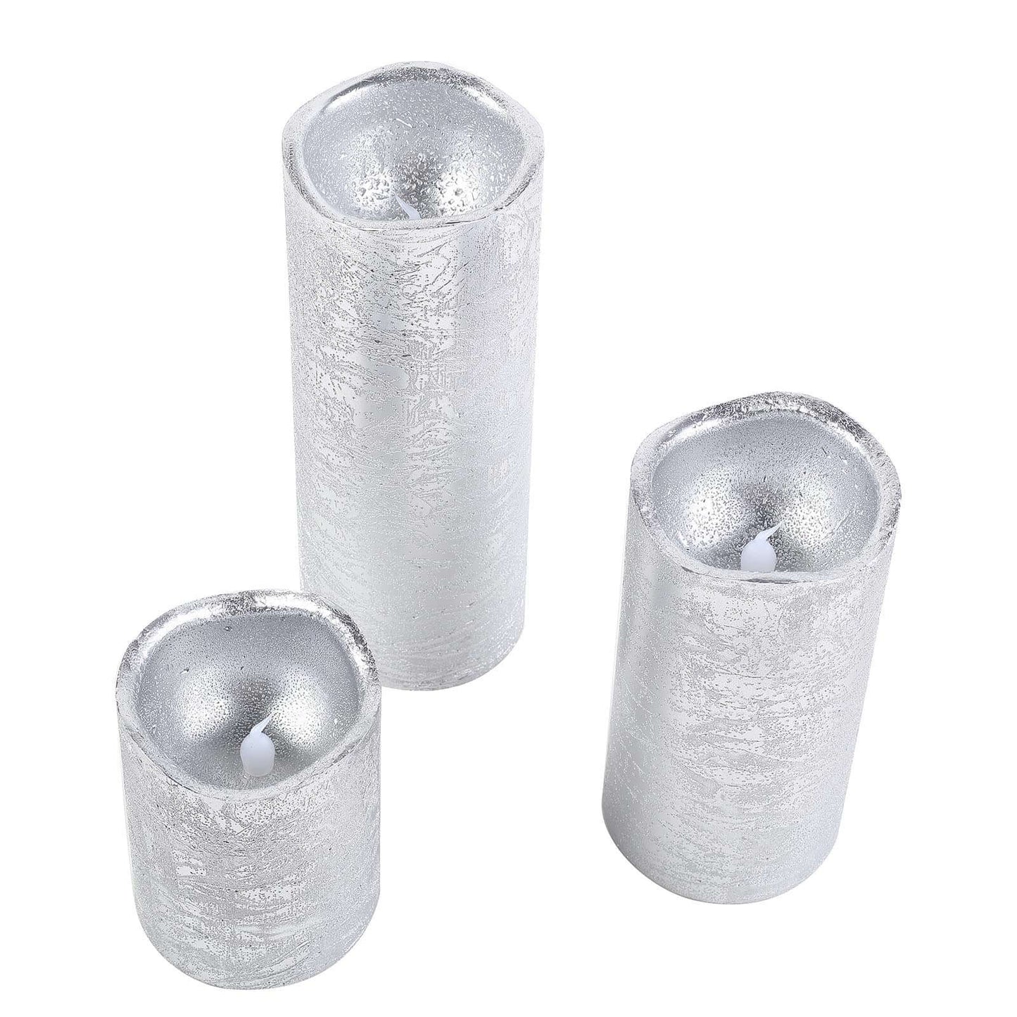 Set of 3 LED Flameless Pillar Candles Remote Operated Metallic Silver - Battery Powered 4", 6", 8" - Linen Luxes