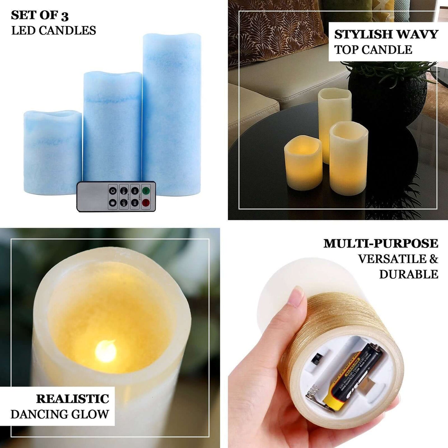 Set of 3 LED Flameless Pillar Candles Remote Operated Metallic Silver - Battery Powered 4", 6", 8" - Linen Luxes