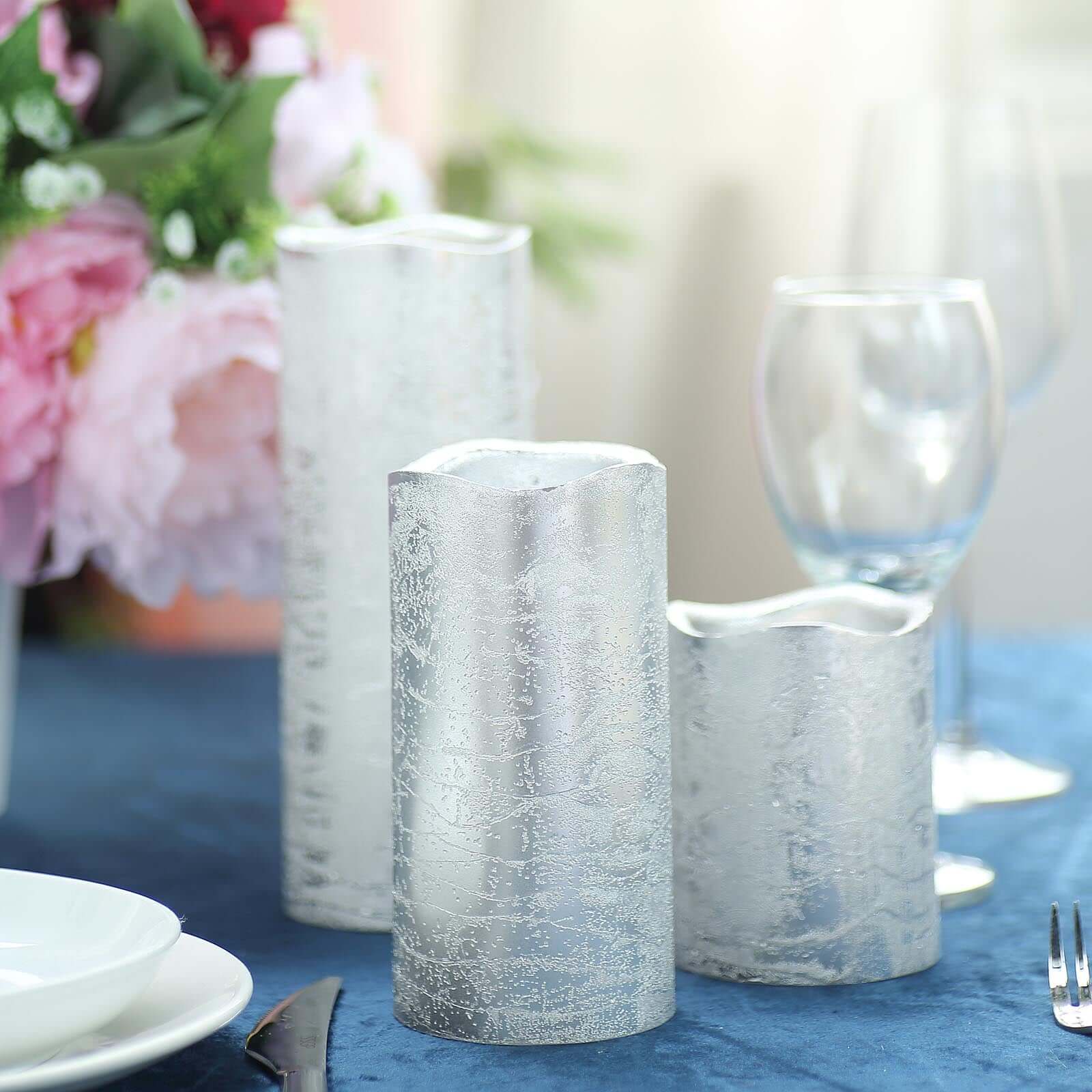Set of 3 LED Flameless Pillar Candles Remote Operated Metallic Silver - Battery Powered 4", 6", 8" - Linen Luxes