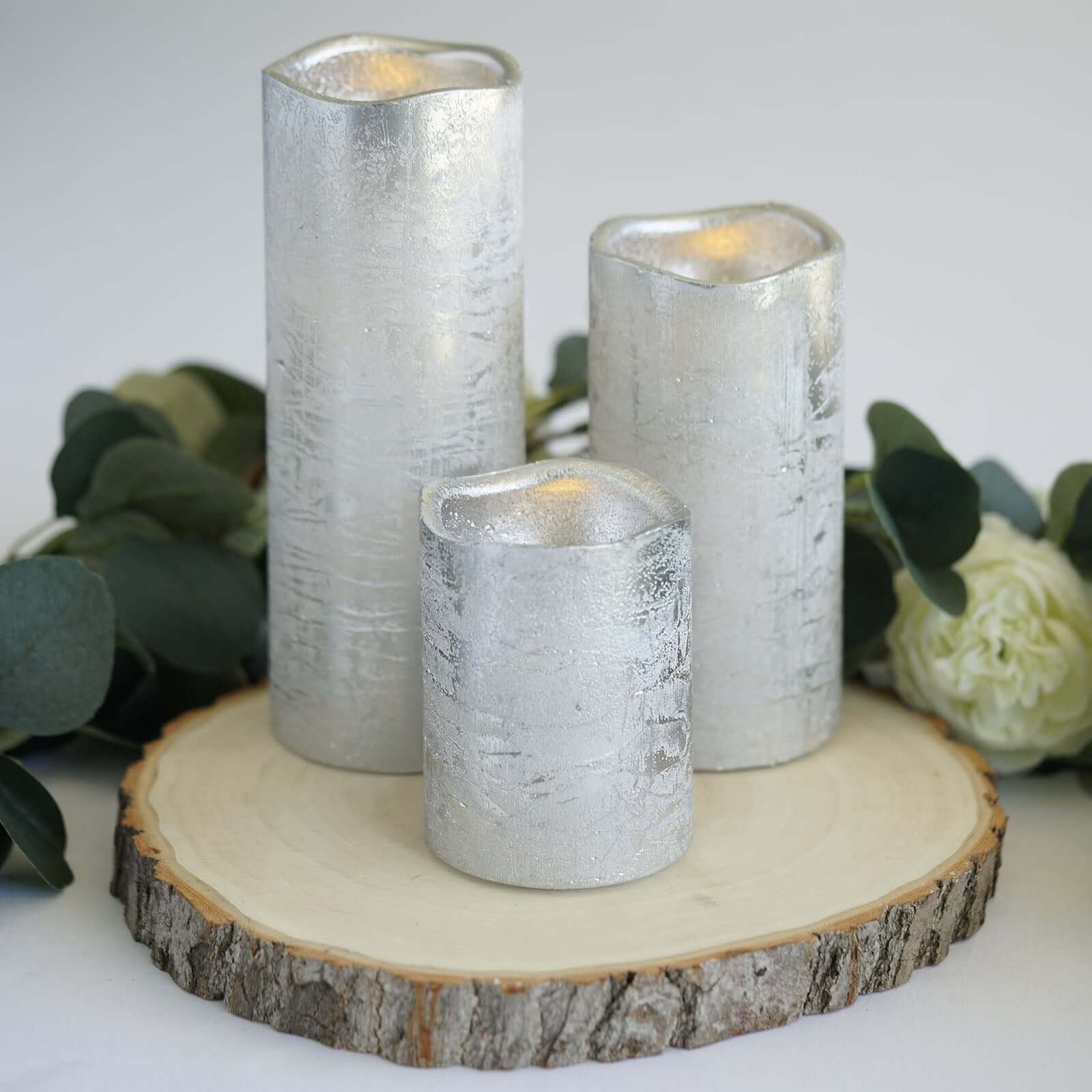 Set of 3 LED Flameless Pillar Candles Remote Operated Metallic Silver - Battery Powered 4", 6", 8" - Linen Luxes