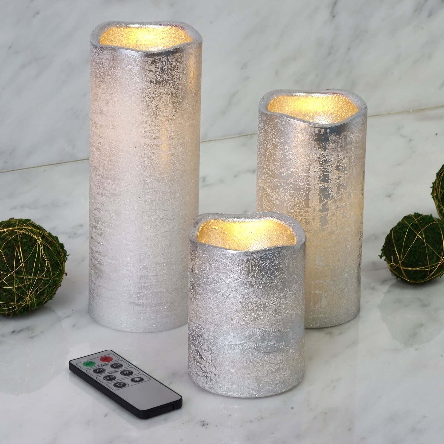 Set of 3 LED Flameless Pillar Candles Remote Operated Metallic Silver - Battery Powered 4", 6", 8" - Linen Luxes