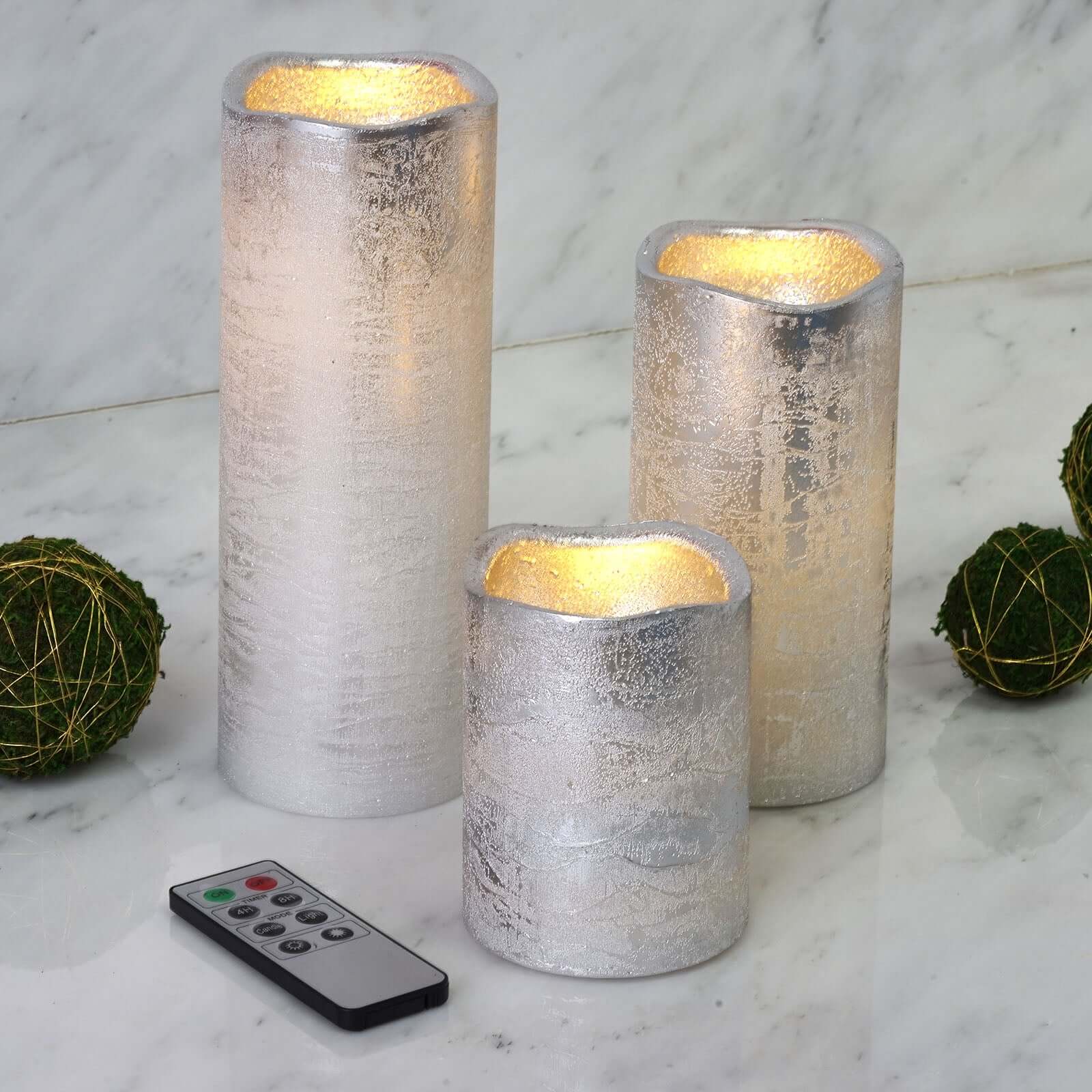 Set of 3 LED Flameless Pillar Candles Remote Operated Metallic Silver - Battery Powered 4", 6", 8" - Linen Luxes