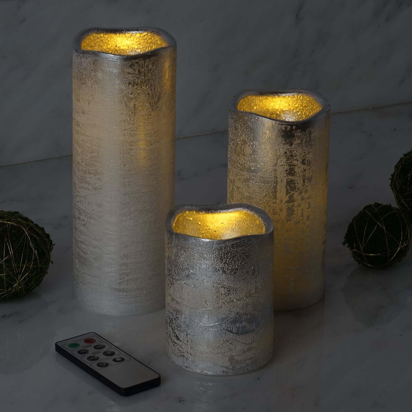 Set of 3 LED Flameless Pillar Candles Remote Operated Metallic Silver - Battery Powered 4", 6", 8" - Linen Luxes