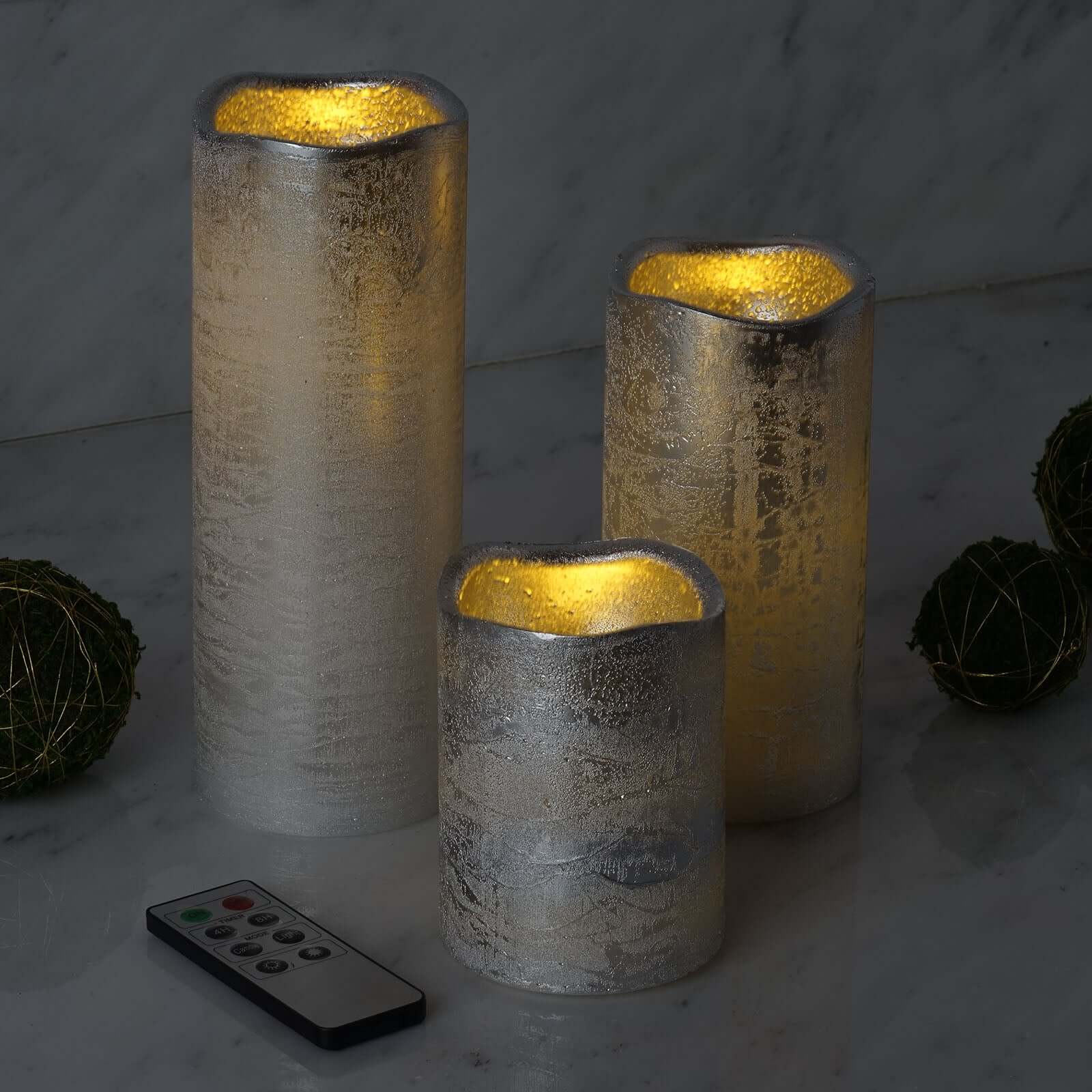 Set of 3 LED Flameless Pillar Candles Remote Operated Metallic Silver - Battery Powered 4", 6", 8" - Linen Luxes