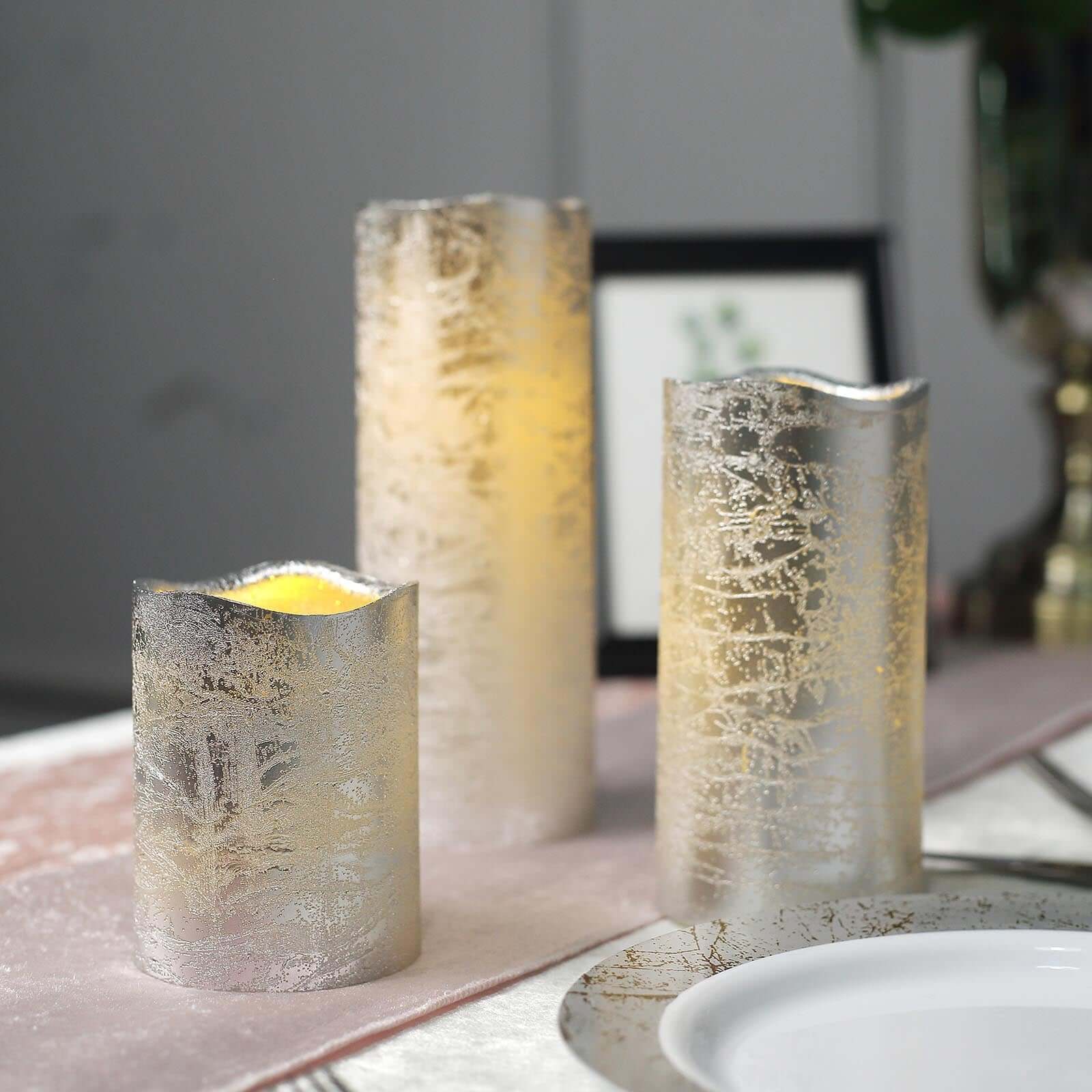 Set of 3 LED Flameless Pillar Candles Remote Operated Metallic Silver - Battery Powered 4", 6", 8" - Linen Luxes