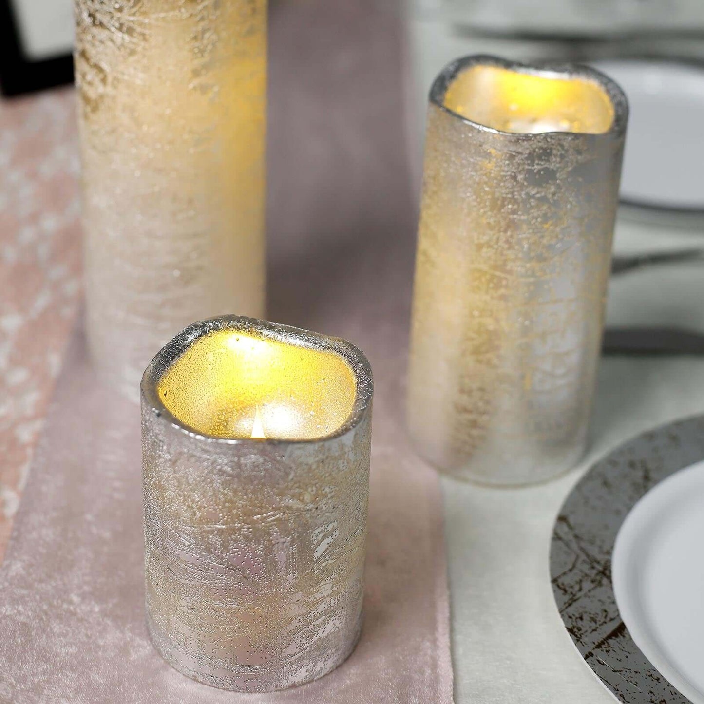 Set of 3 LED Flameless Pillar Candles Remote Operated Metallic Silver - Battery Powered 4", 6", 8" - Linen Luxes