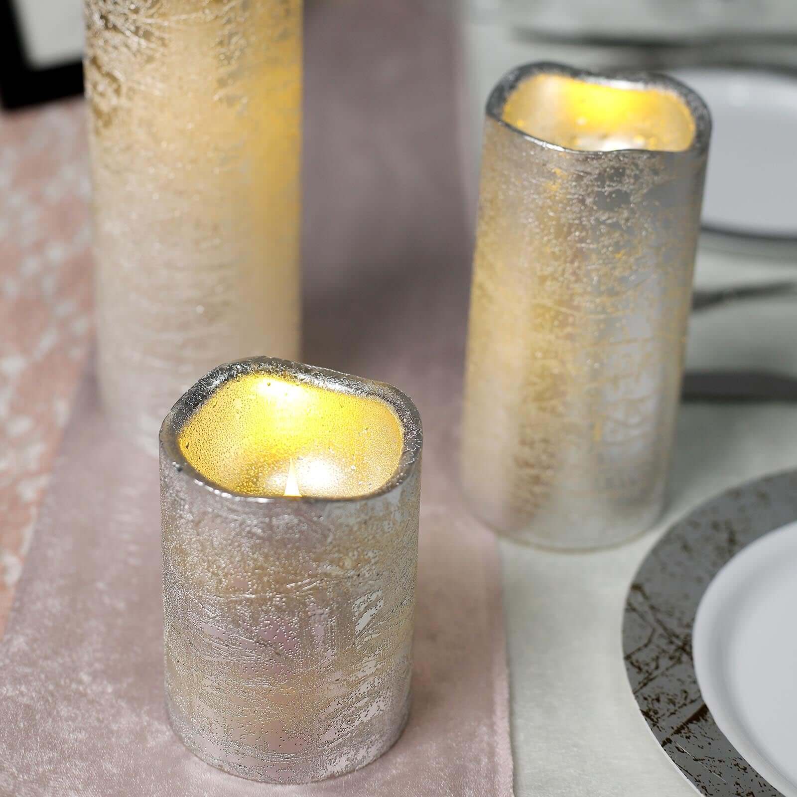 Set of 3 LED Flameless Pillar Candles Remote Operated Metallic Silver - Battery Powered 4", 6", 8" - Linen Luxes