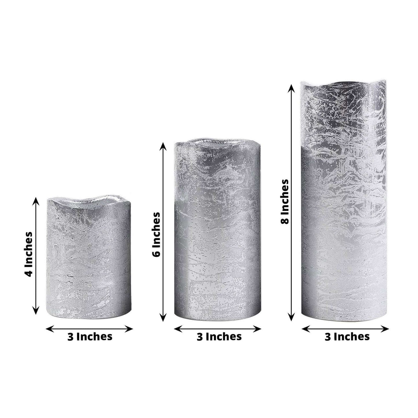 Set of 3 LED Flameless Pillar Candles Remote Operated Metallic Silver - Battery Powered 4", 6", 8" - Linen Luxes