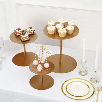 Set of 3 Metal Pedestal Cake Stands Heavy Duty Round Design Gold - Cupcake Dessert Display Props 8", 10", 12"
