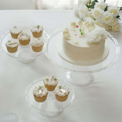 Set of 3 Plastic Round Pedestal Cake Stands Clear for Tea Parties Dessert Buffets & Banquets 9", 11", 15"