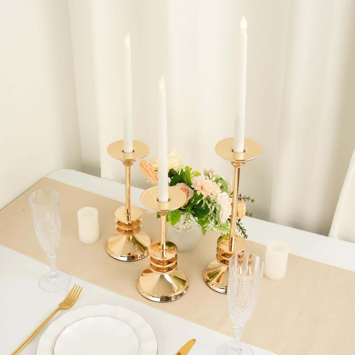 Set of 3 Taper Candlestick Holders Gold Metal with 3 Disk Pedestal Design - Decorative Centerpieces 9", 11", 13"