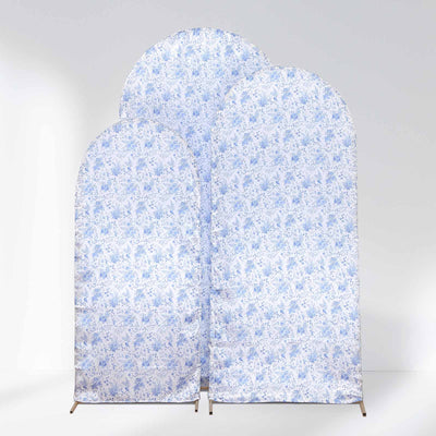 Set of 3 White Blue Satin Chiara Wedding Arch Covers in French Toile Floral Pattern, Fitted Covers For Round Top Backdrop Stands - 5ft,6ft,7ft
