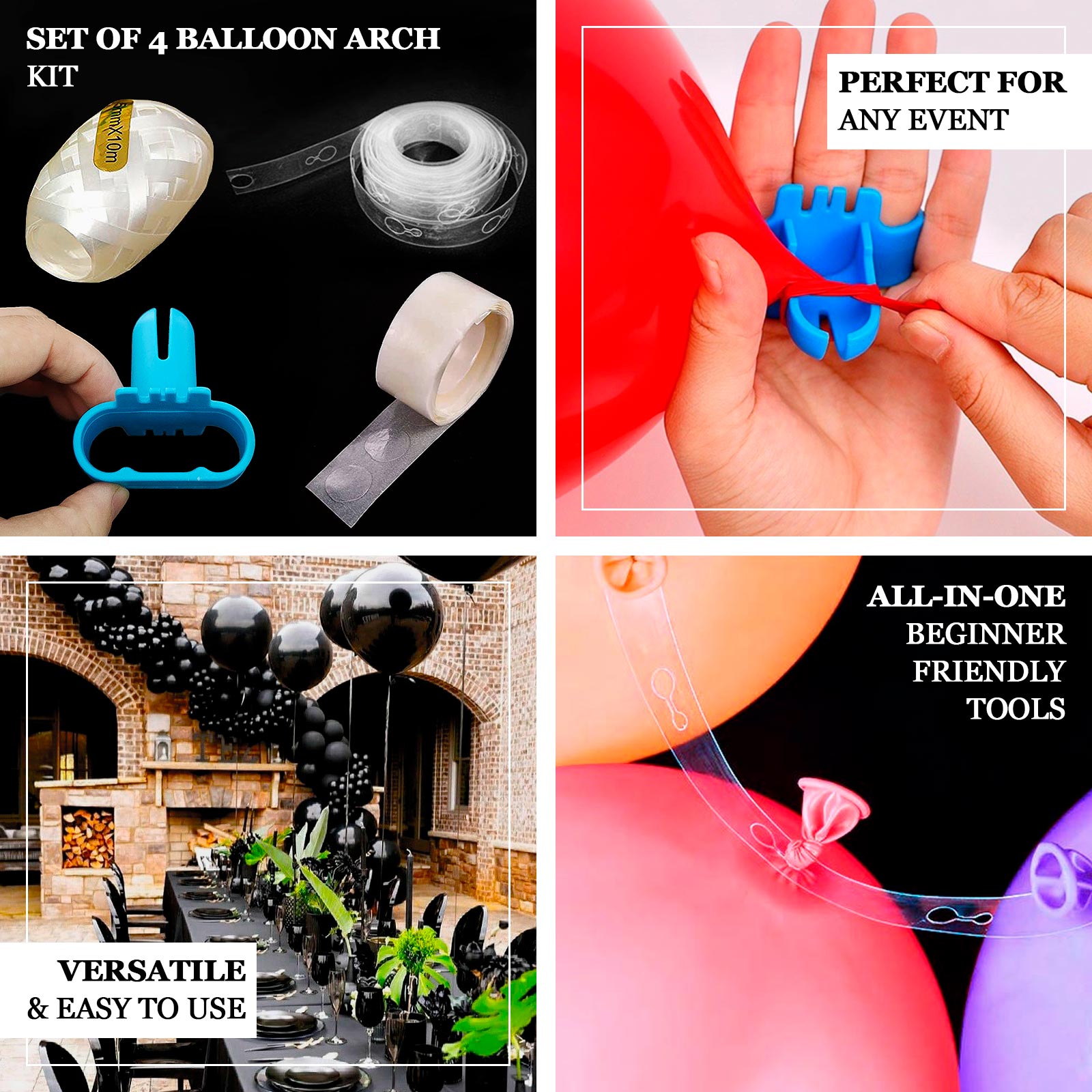 Set of 4 Balloon Arch Kit - Decorating Strips, Balloon Tie Tool, Glue Dots and Curling Ribbon for Party Decorations - Linen Luxes