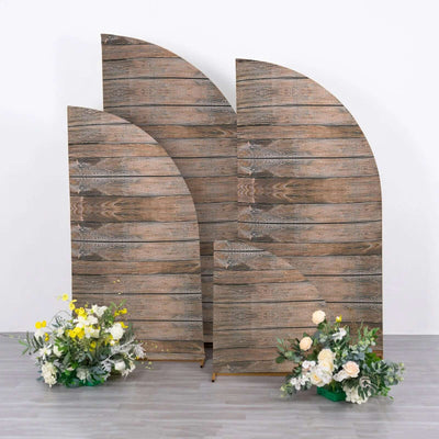 Set of 4 Brown Spandex Chiara Wedding Arch Covers With Rustic Wood Print, Fitted Covers For Half Moon Backdrop Stands - 2.5ft, 5ft, 6ft, 7ft