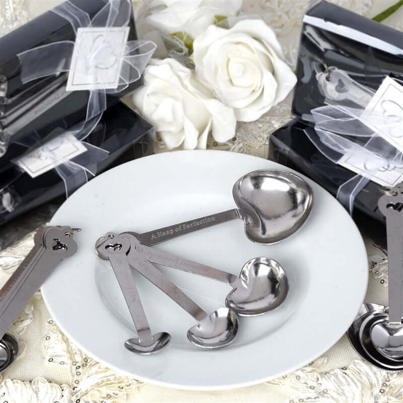 Set of 4 Engraved Silver Heart Measuring Spoon Wedding Party Favors Set, Free Gift Box & Thank You Tag Included - Linen Luxes