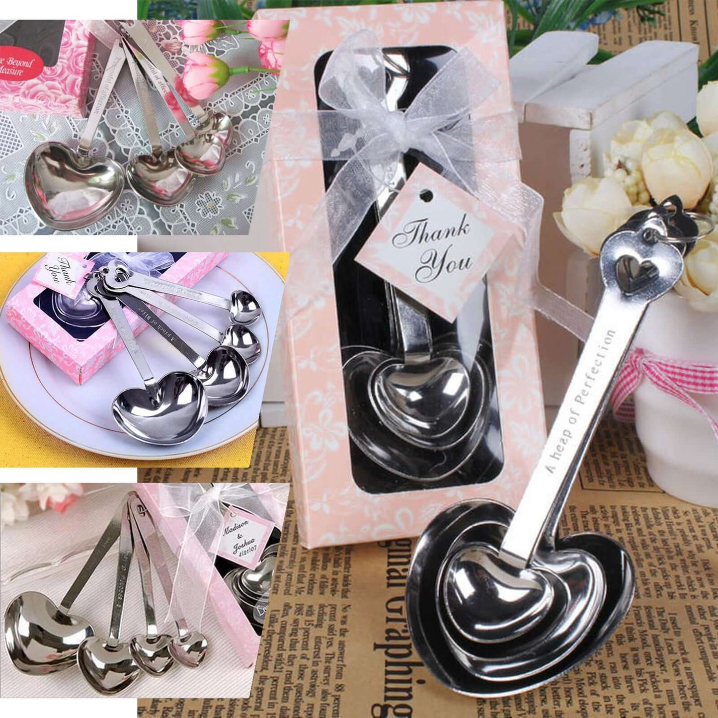 Set of 4 Engraved Silver Heart Measuring Spoon Wedding Party Favors Set, Free Gift Box & Thank You Tag Included - Linen Luxes