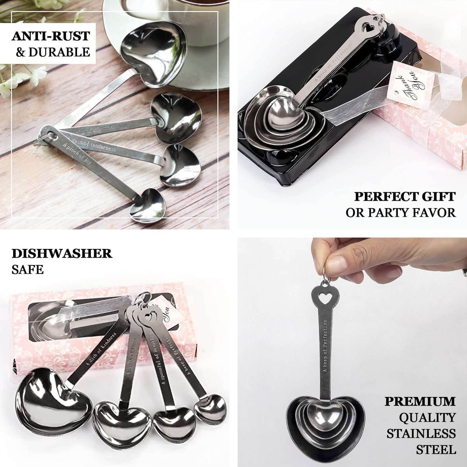Set of 4 Engraved Silver Heart Measuring Spoon Wedding Party Favors Set, Free Gift Box & Thank You Tag Included - Linen Luxes