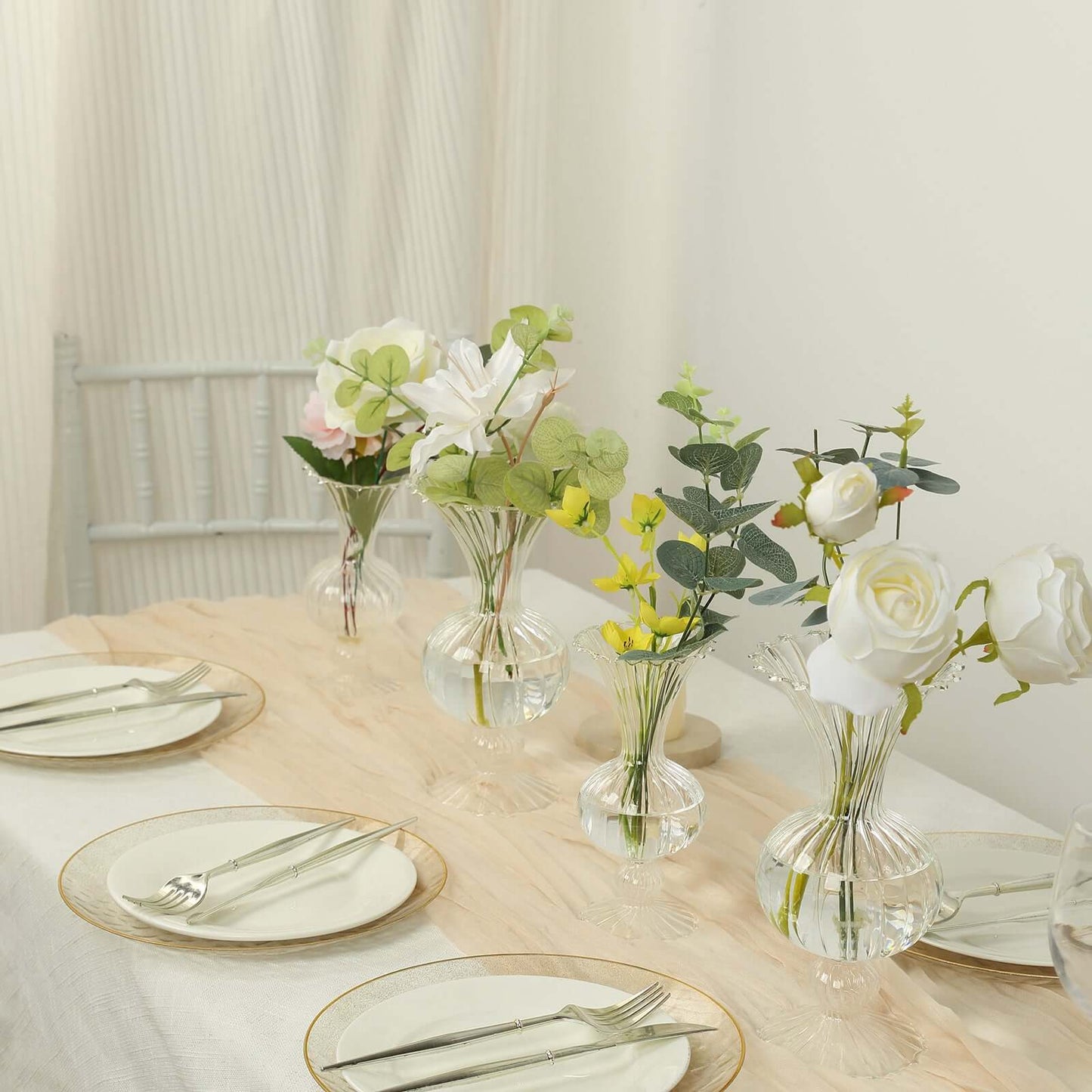 Set of 4 Glass Flower Vases Nordic Style with Petals Texture Clear - Transparent Bud Planters for Wedding Table Decor 7", 9"