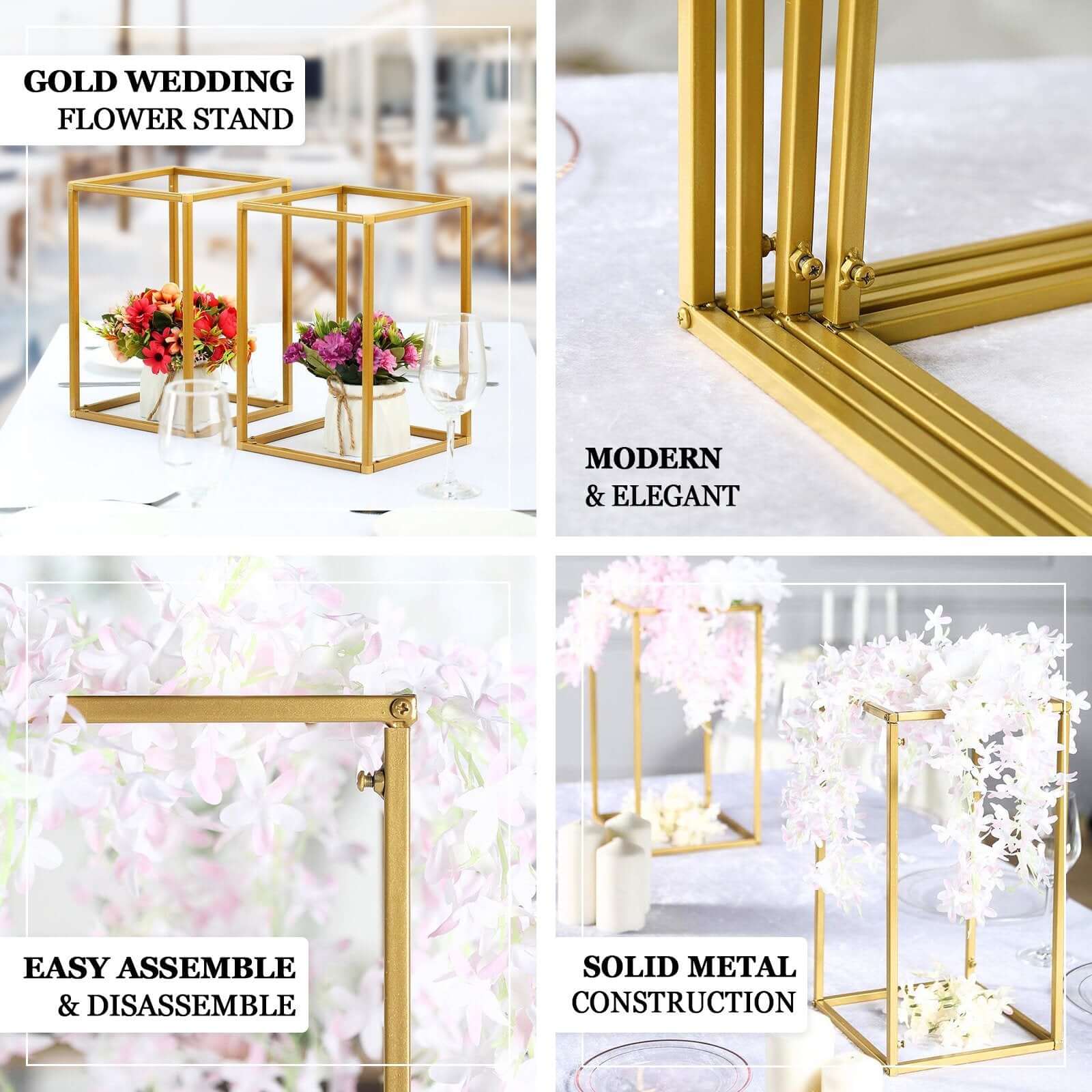 Set of 4 Metal Flower Stands Frame Wedding Column Centerpieces Matte Gold - Durable Display 16"/24"/32"/40" - Linen Luxes