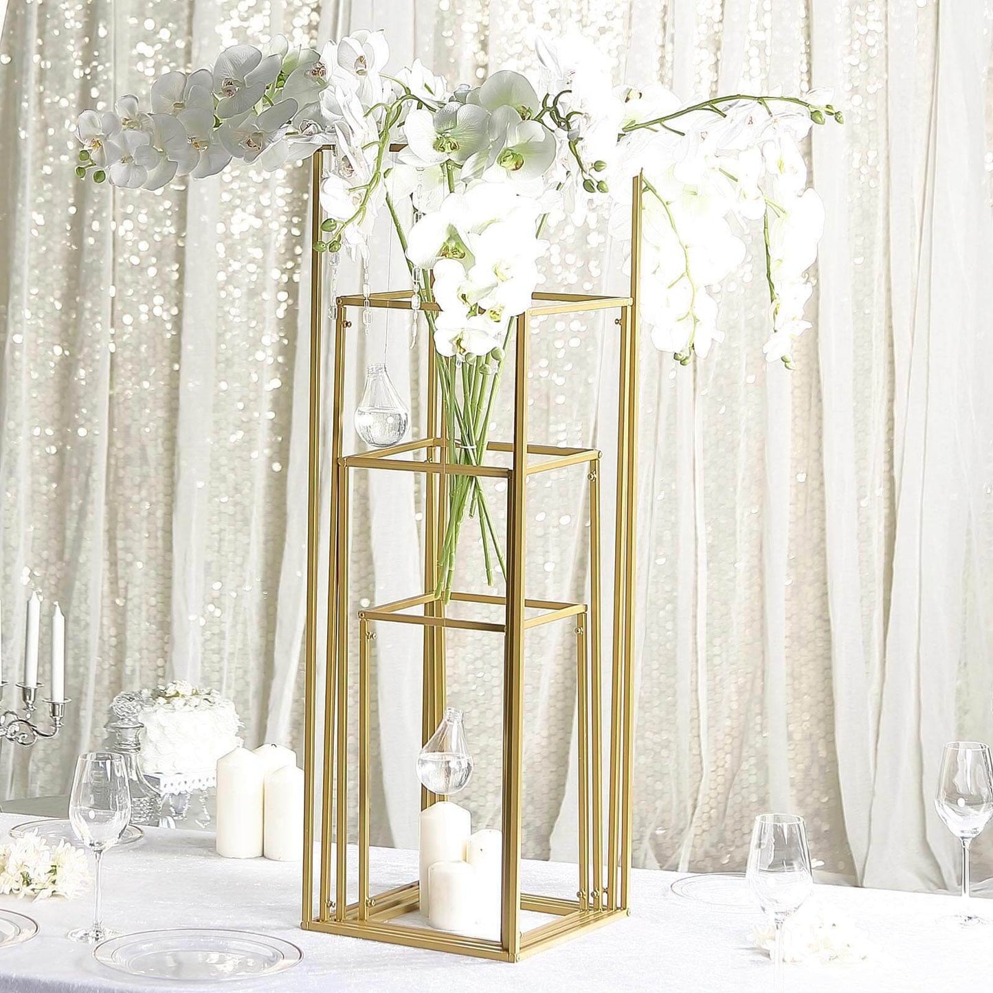 Set of 4 Metal Flower Stands Frame Wedding Column Centerpieces Matte Gold - Durable Display 16"/24"/32"/40" - Linen Luxes